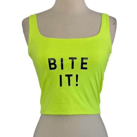 BITE IT! Neon Fluorescent Yellow Tank Crop Top Grunge Punk Retro Festival Size S - Picture 3 of 7